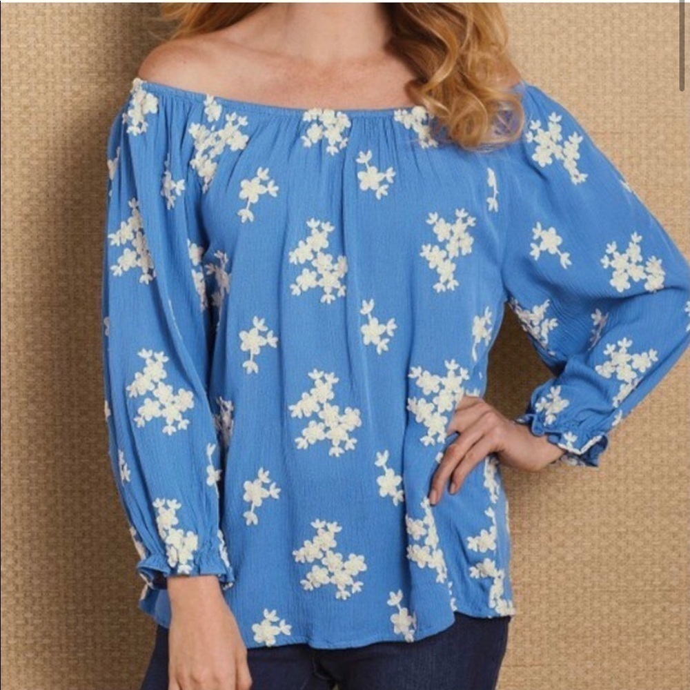 Soft Surroundings Blue Off-the-Shoulder Floral Long Sleeve Top